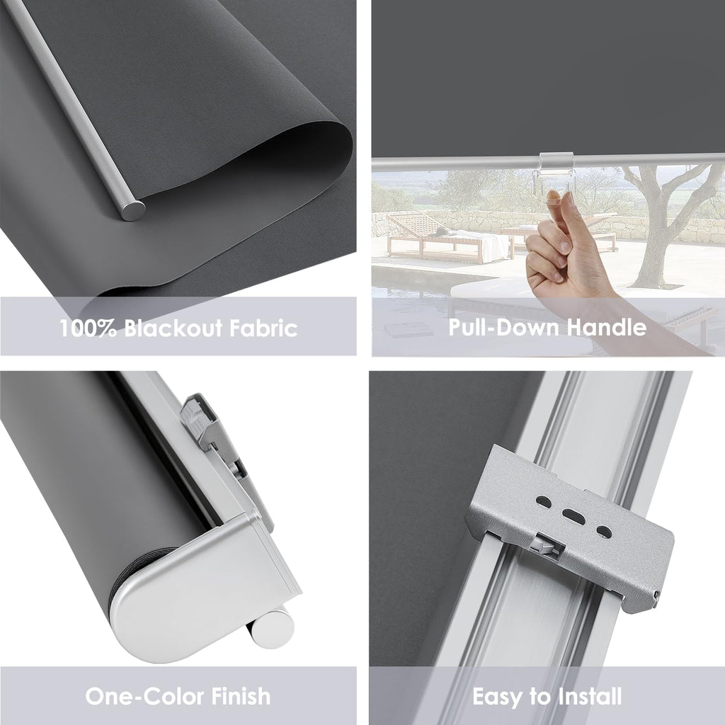 Cordless 100% Blackout Roller Shades for Windows, UV Protection Pull Down Shades, Room Darkening Door Blinds Thermal