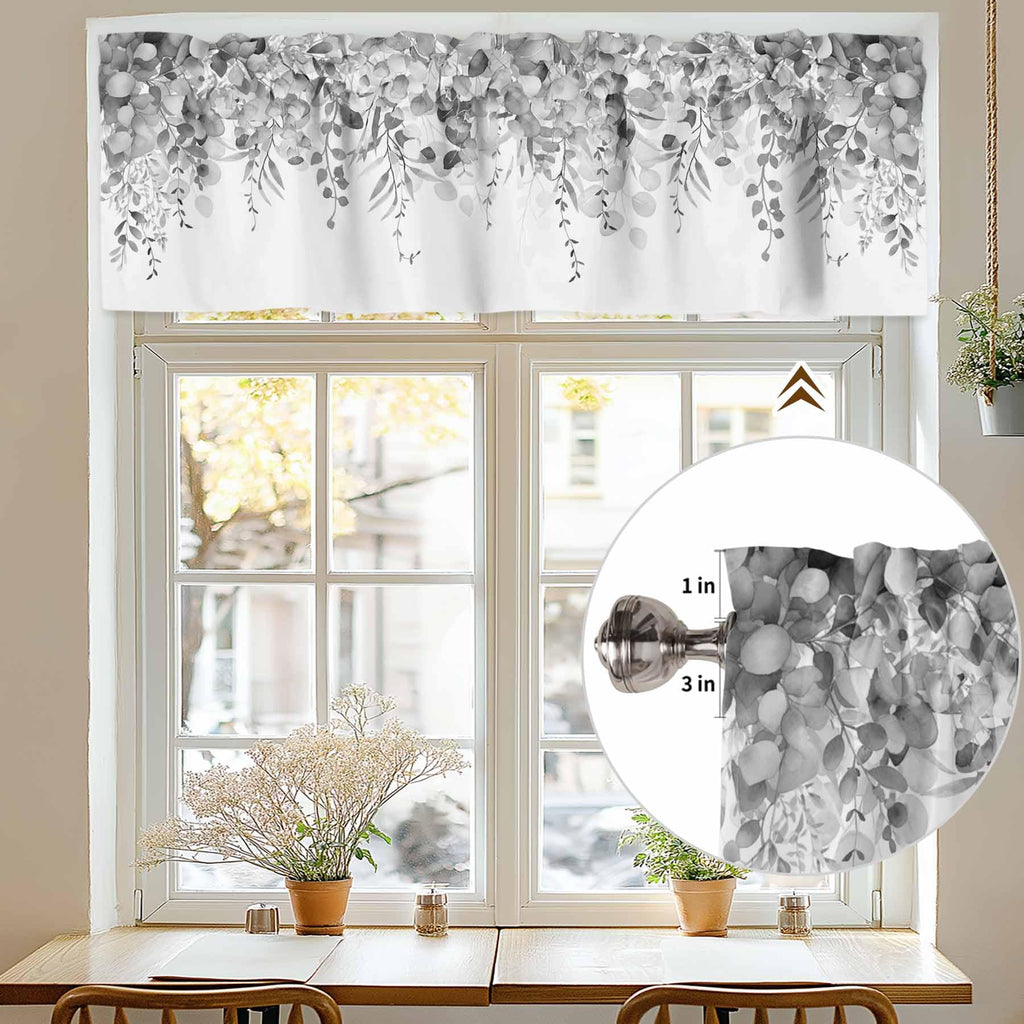 Curtain Valance for Windows Gray Eucalyptus Rod Pocket Valance Window Treatments 1 Panel Watercolor Leaves Short