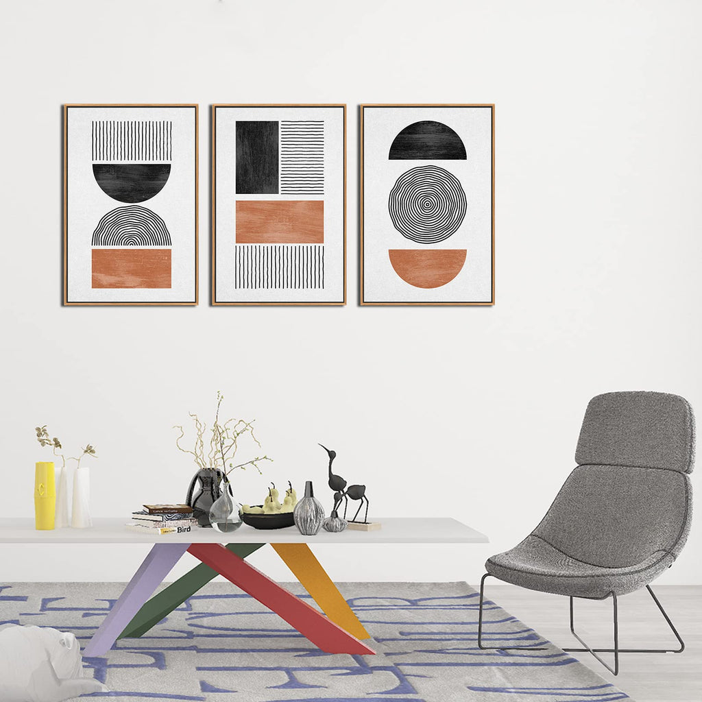 Black Brown Boho Framed Wall Art Geometric Canvas Pictures, 16"x24"x3