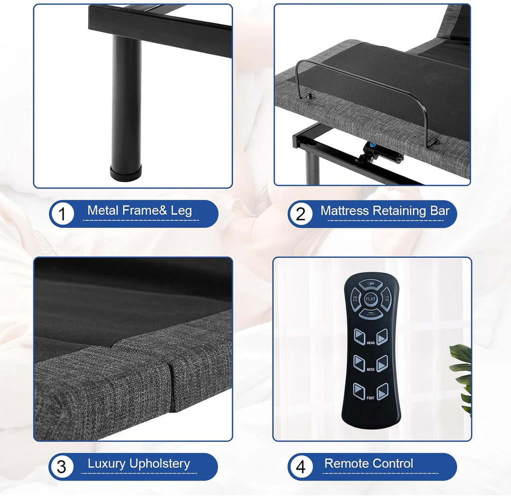 Split King Adjustable Bed Frame with Thickened Frame, Pillow-Tilt, Separate Head/Foot Lift, Zero Gravity, Anti-Snore