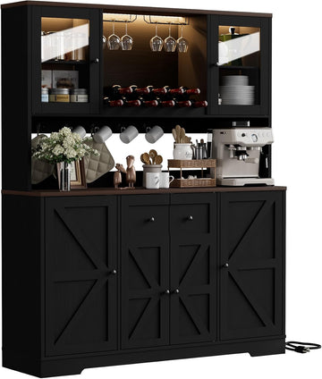 68" Tall Kitchen Pantry Storage Cabinet with Charging Station, 55" Wide Kitchen Hutch Cabinet with Large Countertop