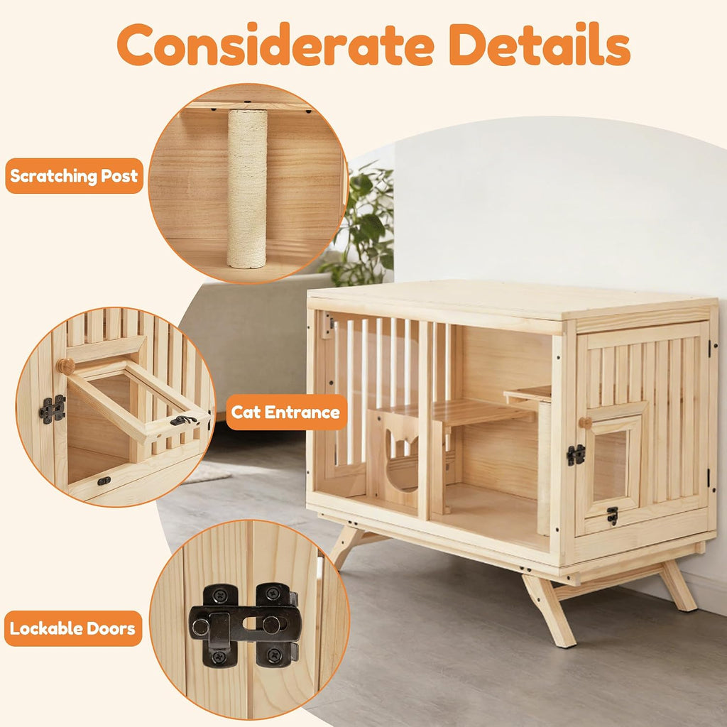TV-Style Wooden Cat House Solid Fir Wood Cat Furniture