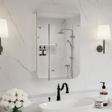 20 x 31 Inch Bathroom Medicine Cabinet with Mirror, Rounded Corner, Surface/Recessed, Aluminum Frame with Mirrored