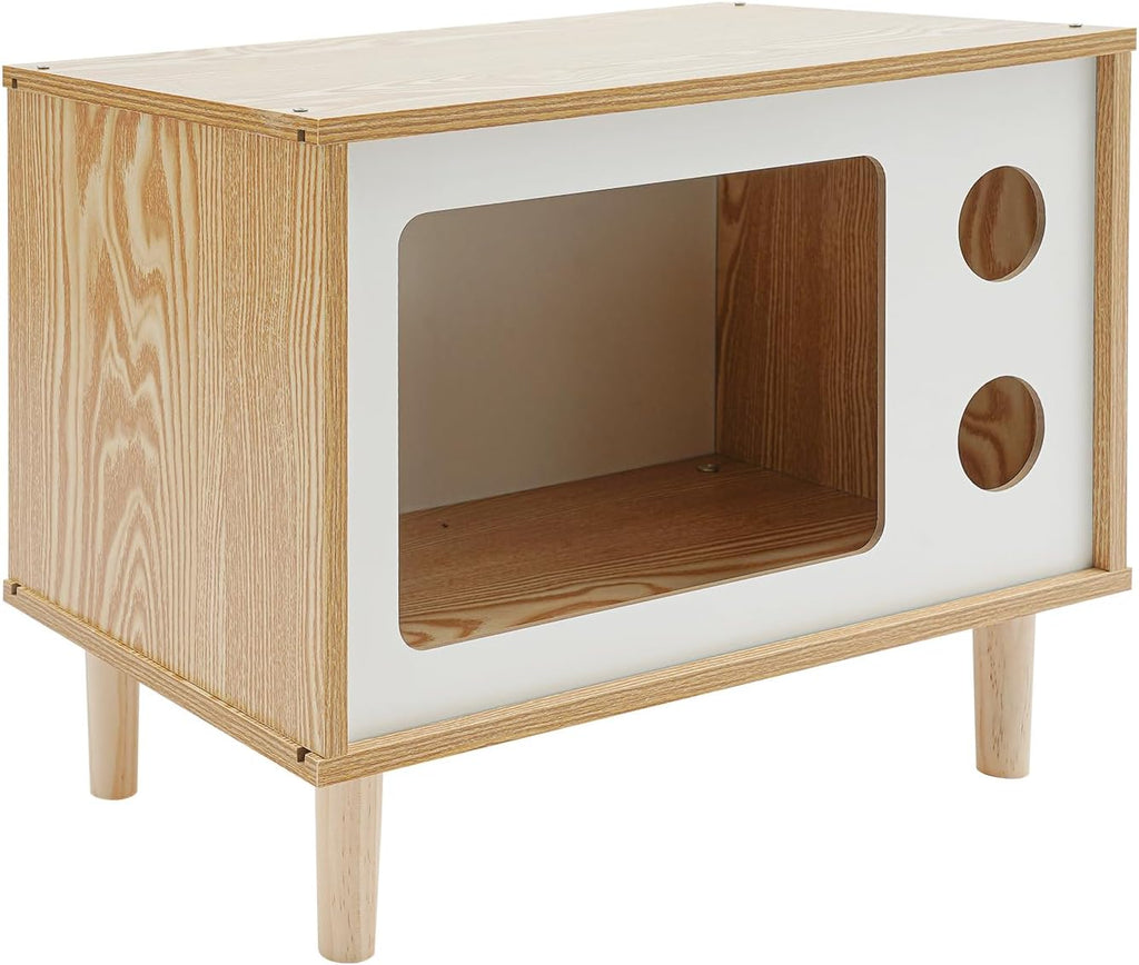 Wooden Cat House Creative TV Shaped Cat Villa, Indoor Cats Condo, Pet Store (Wooden, White, 19.7 * 11.4 * 15.7 in)