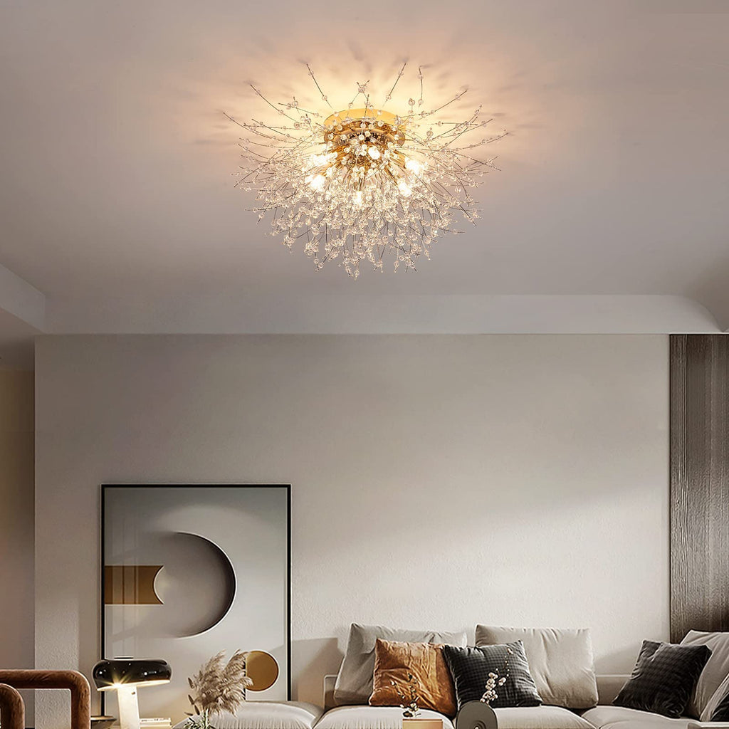 6-Light Sputnik Flush Mount Ceiling Light Fixture, Modern Gold Crystal Firework Ceiling Lights, Close to Ceiling Lamp