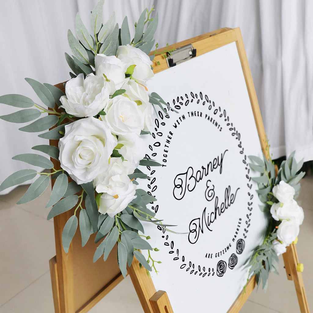 2 Pack Artificial Wedding Arch Flowers, Artificial White Roses Flower Swag Fake Peony Floral Swags with Green Leaves
