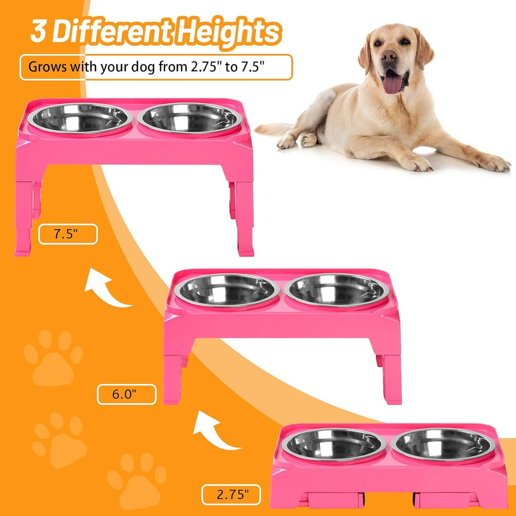 Elevated Dog Bowls with 2 Stainless Steel Dog Food & Water Raised Bowls with No Spill Edge Non-Slip Stand Adjusts to
