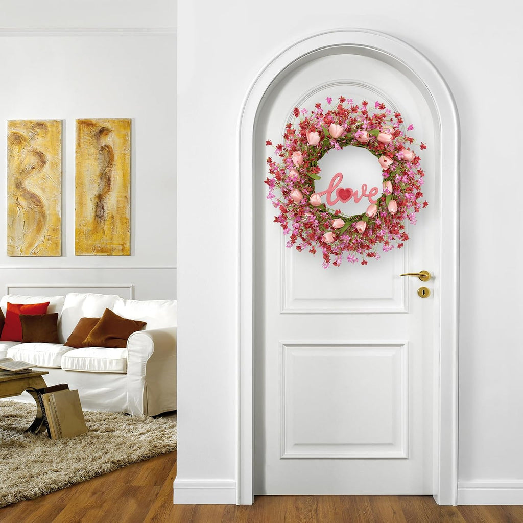 Valentines Day Wreath Decor, 22inch Artificial Pink Wreath with Tulip Berry Green Leaf Element, Valentines Wreaths
