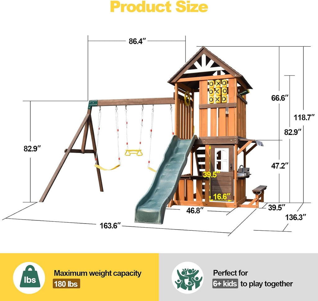 Cedar Wood Swing Set with Slide,Rock Wall,Belt Swings,Tic-Tac-Toe, Play Kitchen for Kids Backyard Outdoor
