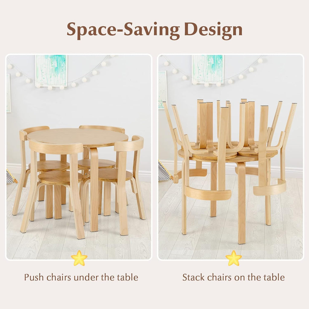 Kids Table and Chairs, Brich Round Toddler Table and Chair Set with Toy Bricks, Smooth Surfaces & Ergonomic Backrest