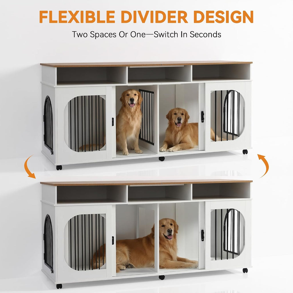 71" Double Dog Crate Furniture for with Divider for 2 Dogs