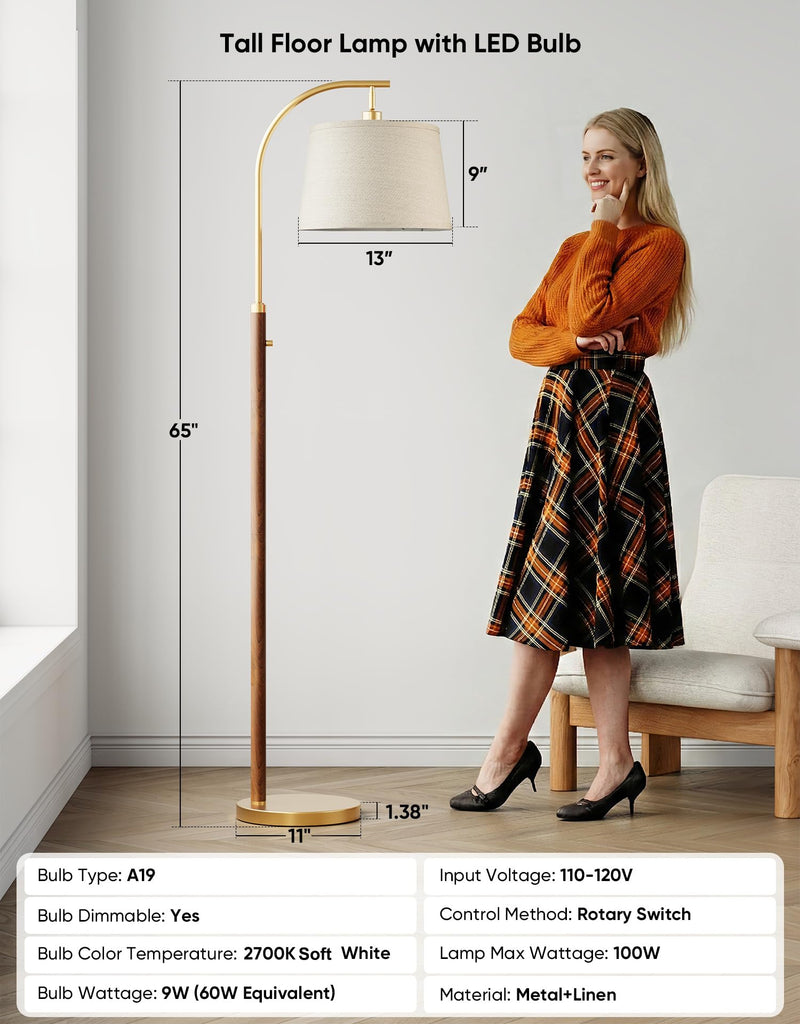 Dimmable Floor Lamp, 65" Tall Metal Standing Lamp with LED Bulb, Mid Century Modern Arc Floor Lamp with Linen Shade
