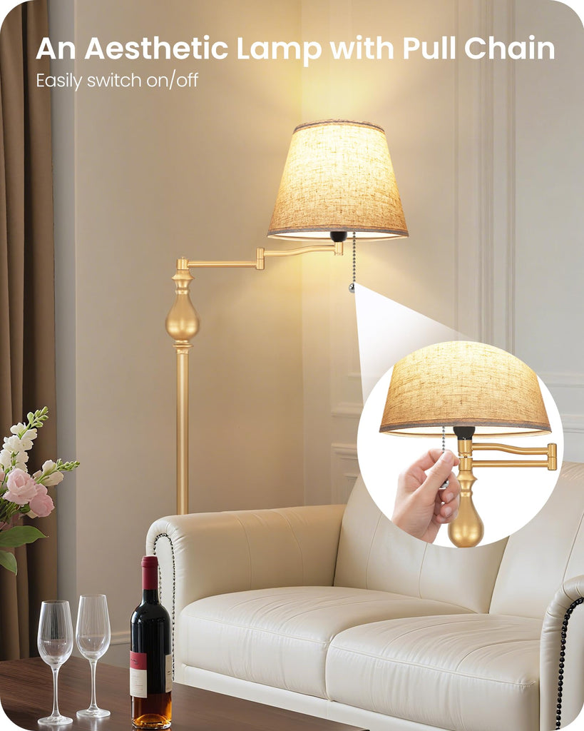 61"Vintage Gold Floor Lamp with 350°Adjustable Swing Arm, Pull Chain Switch