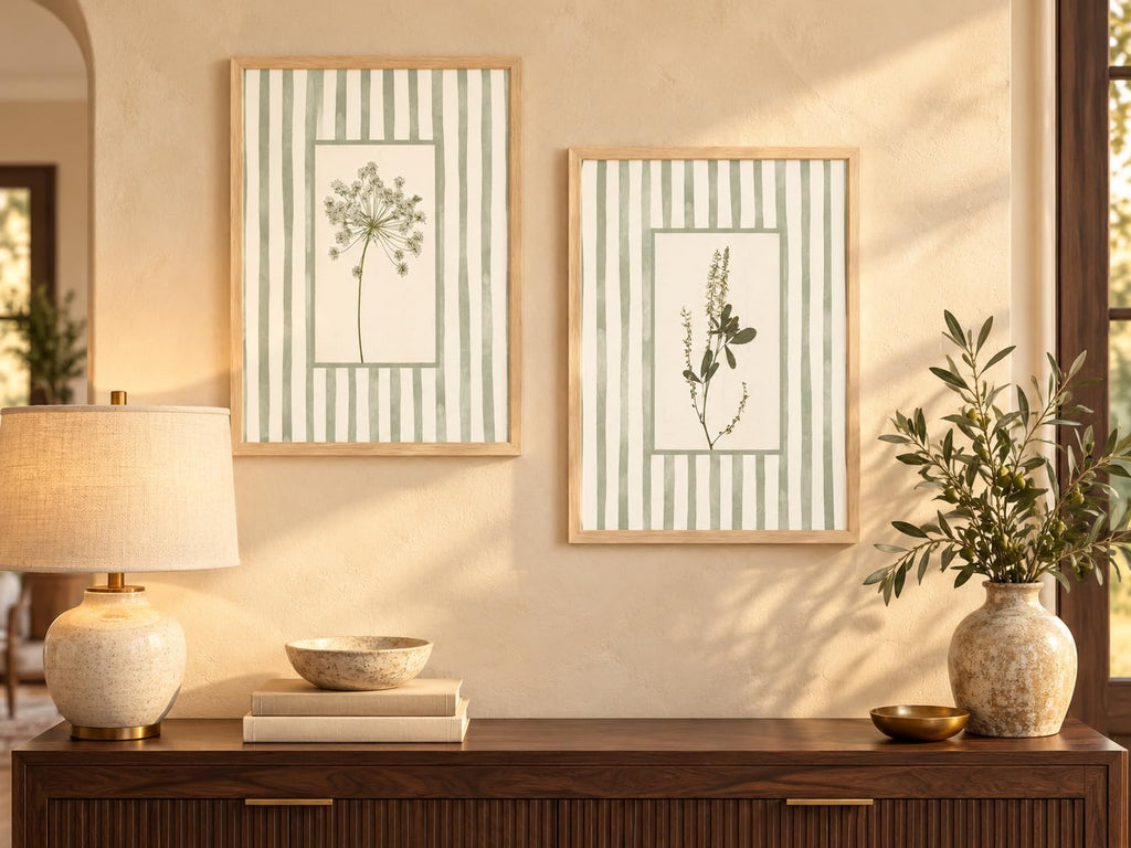 Sage Green Botanical Wall Art Set of 2 Framed, Vintage Herb Floral Canvas Prints, Cottagecore French Country Decor