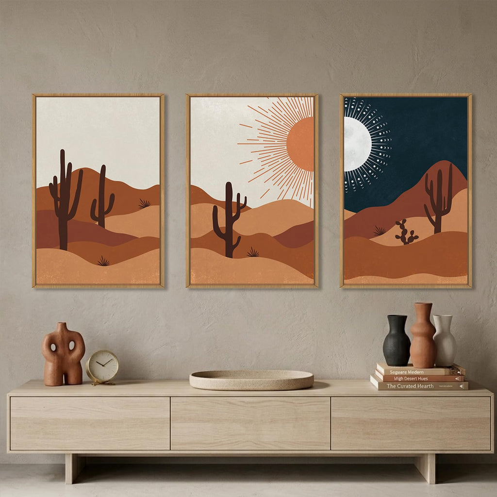 Boho Desert Framed Canvas Wall Art, Abstract Sun Moon Wall Decor, Modern Cactus Landscape Painting, Mid Century