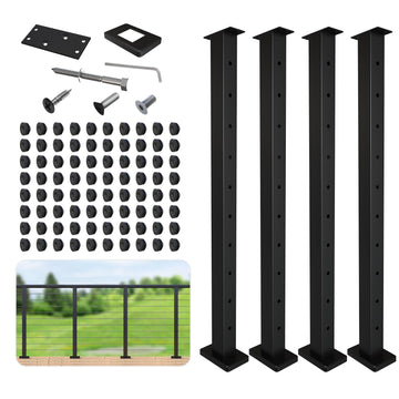 Level Drilled Cable Railing Post 36" (35"X2"x2"), Stainless Steel Black Square Deck Railing Post Flat Bracket
