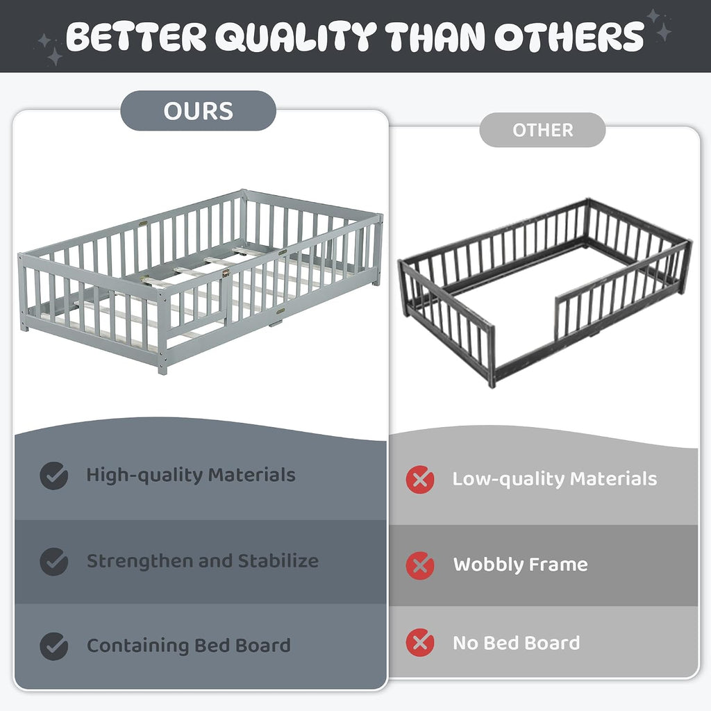 Floor Bed Frame with Fence & Slats, Rubber Wood Montessori Floor Bed with Safety Guardrails &