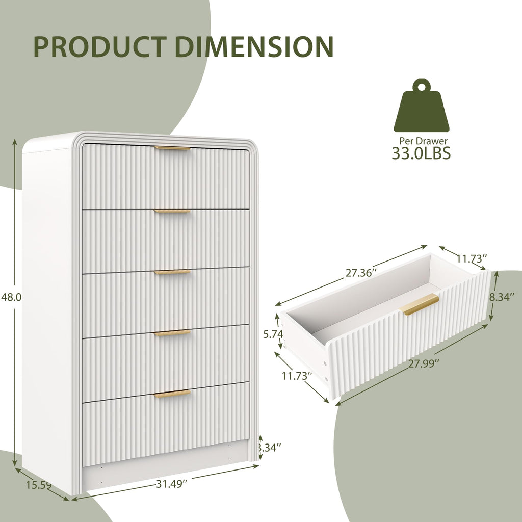 Fluted 5 Drawers Dresser, 48" Tall Chest of Drawers