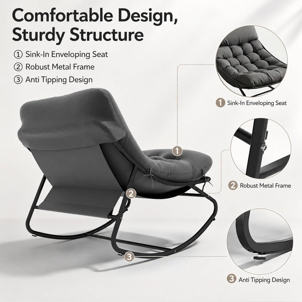 Outdoor Rocking Chair with Ottmans, Cozy Papasan Rocking Chair with Thick Cushion, 450lbs Capacity Indoor Outdoor