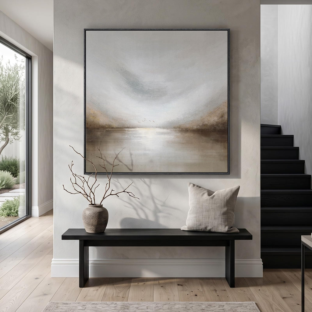 Extra Large Framed Neutral Gray Abstract Landscape Wall Art Decor, 48x48 In