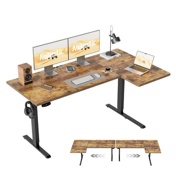 55 * 28 Inch Reversible L Shaped Electric Standing Desk, Brown