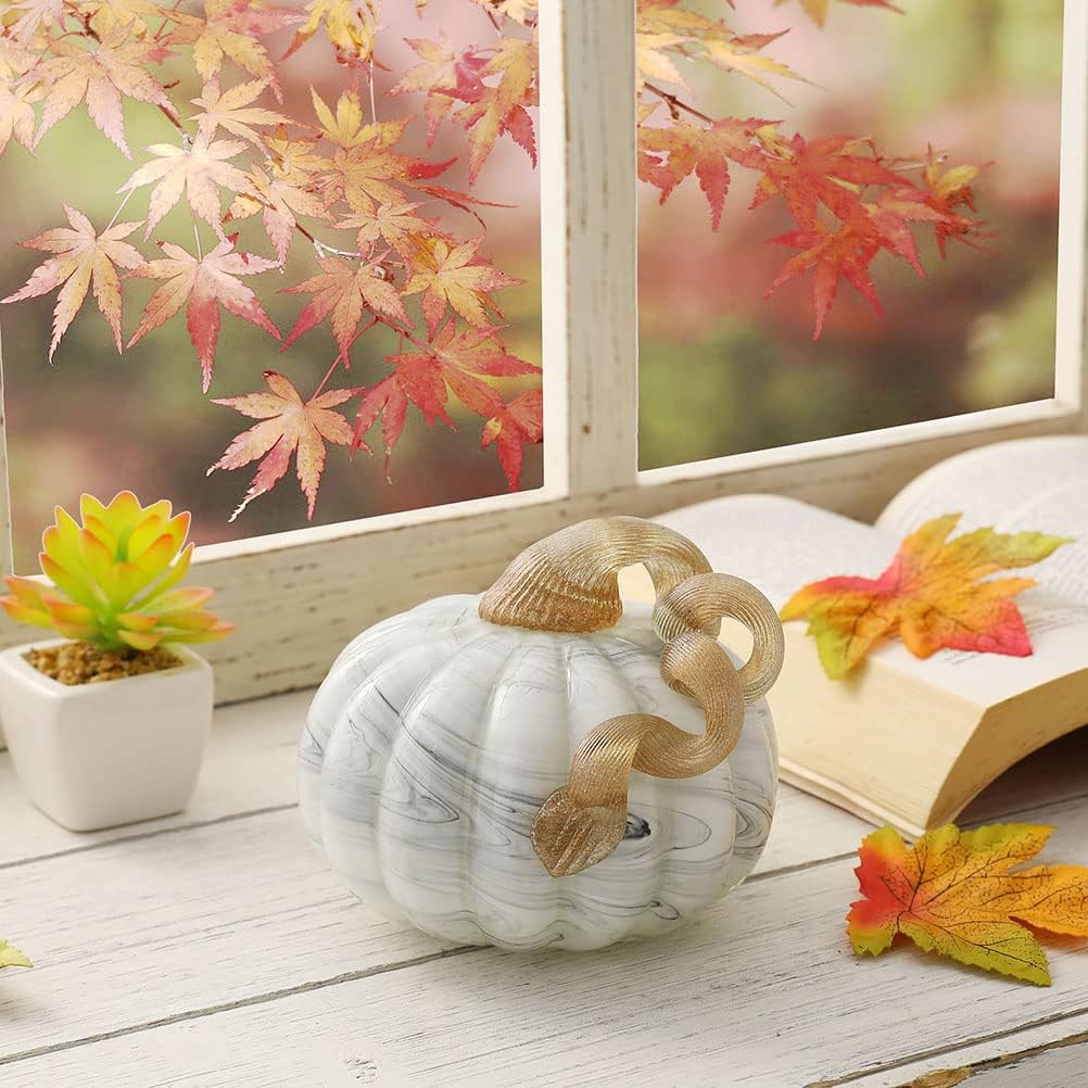 Hand Blown Glass Pumpkin Table Accent for Fall Harvest Decorating for Mother Gray Marble 4.13" H