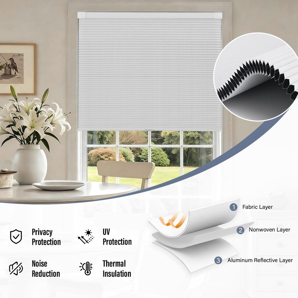 No Drill Cordless Blackout Cellular Shades, White | No Tools Honeycomb Blinds for Indoor Windows, Free-Stop Blackout