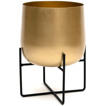8.5 Inch Gold Metal Plant Stand with Pot - Indoor Planter, Large Flower Pot