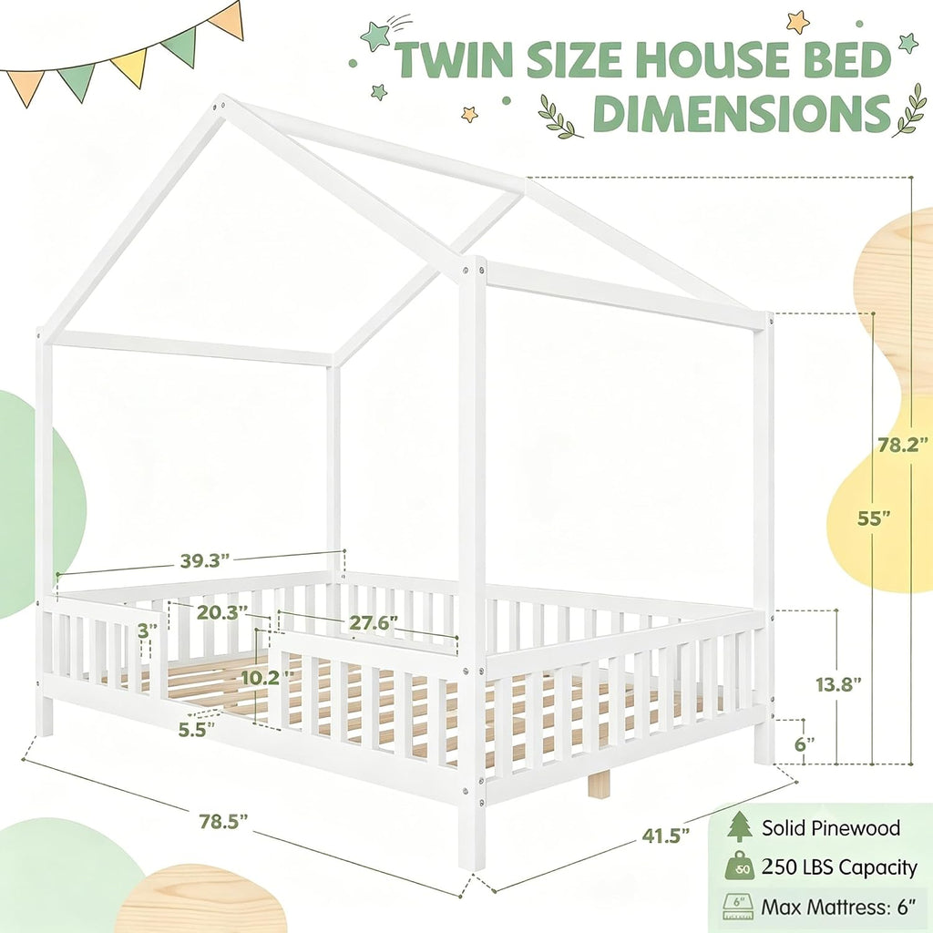 Tw Bed for Kids with High Rails, Montessori Floor Bed Twin with Roof & Canopy, Wood House Beds Frame for Boys Girls