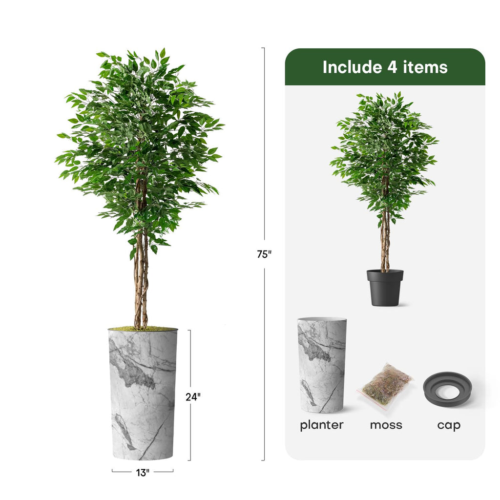 Artificial Tree in Gray Marble Effect Planter, Fake Ficus Silk Tree for Indoor and Outdoor Home Decoration - 75"