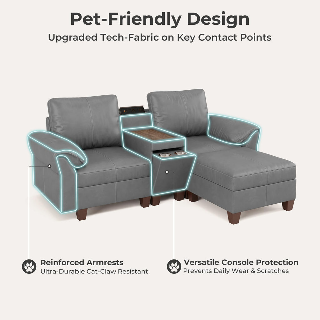 Faux Leather Sectional Couch, 3 Seater Sofa, Gray