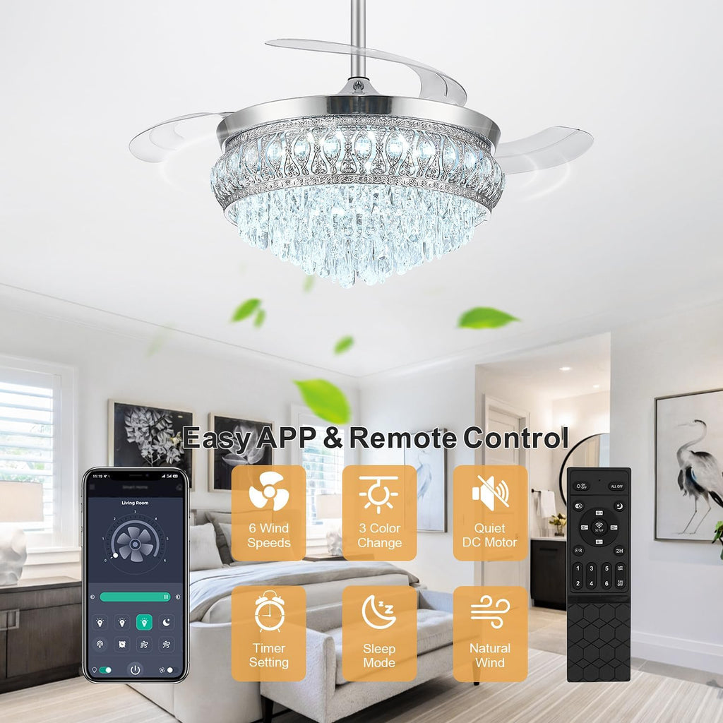42" Fandelier Ceiling Fan with Light, Crystal Retractable Ceiling Fan with Lights and Remote, Chandelier Fans