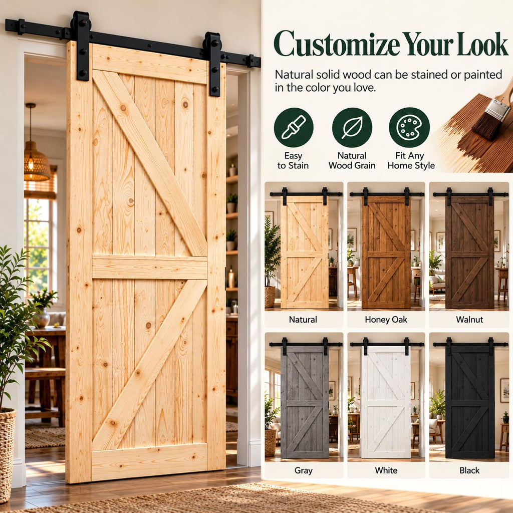 30in x 84in Unfinished British Brace Knotty Barn Door with Sliding Door Hardware Kit/Solid Wood/Sliding/Double