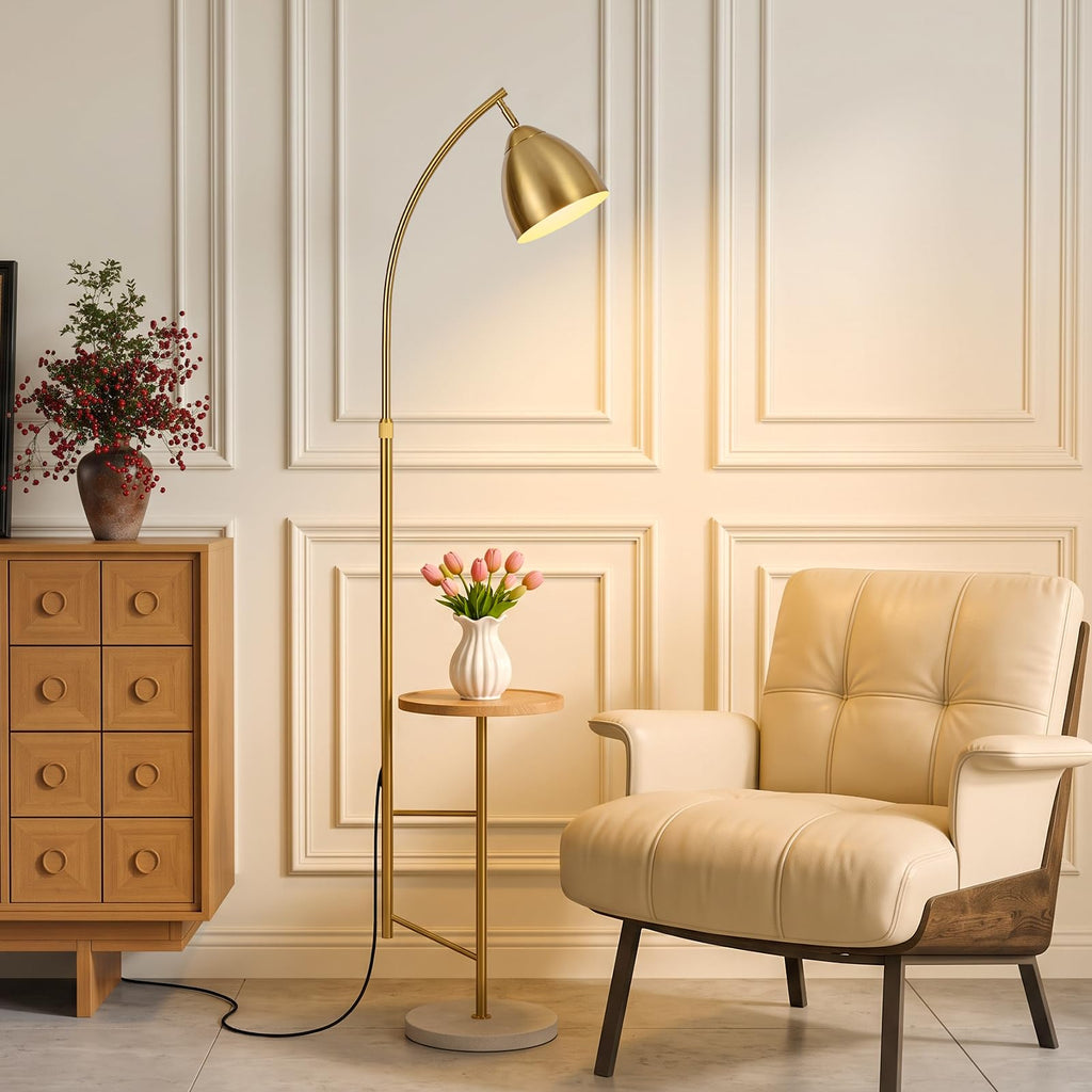 Brushed Gold Standing Lamp with Table, Adjustable Head, Bulb Included