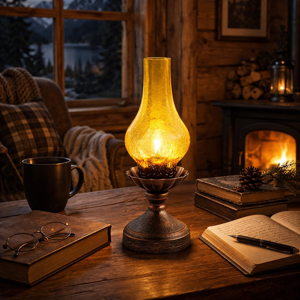 Vintage Table Lamp, Touch Control & 3-Way Dimmable Rustic Retro Farmhouse Bedside Lamp with Amber Glass Shade and LED