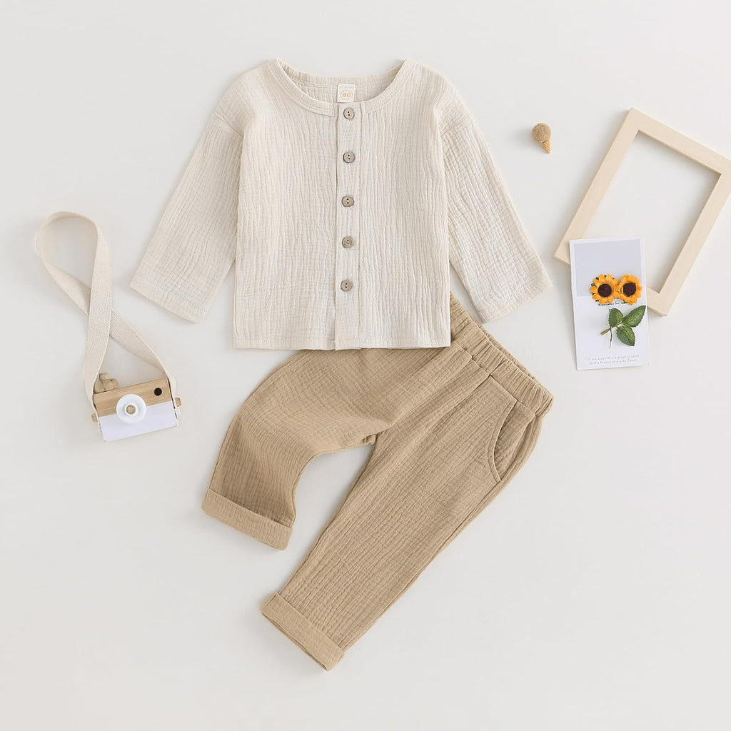 Toddler Boy Linen Outfit Baby Boy Fall Winter Clothes Set Button-Down Shirt Tops Cotton Linen Pants 2PCS