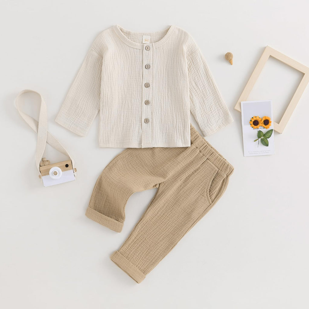 Toddler Boy Linen Outfit Baby Boy Girl Fall Winter Clothes Set Button-Down Shirt Tops Cotton Linen Pants 2PCS