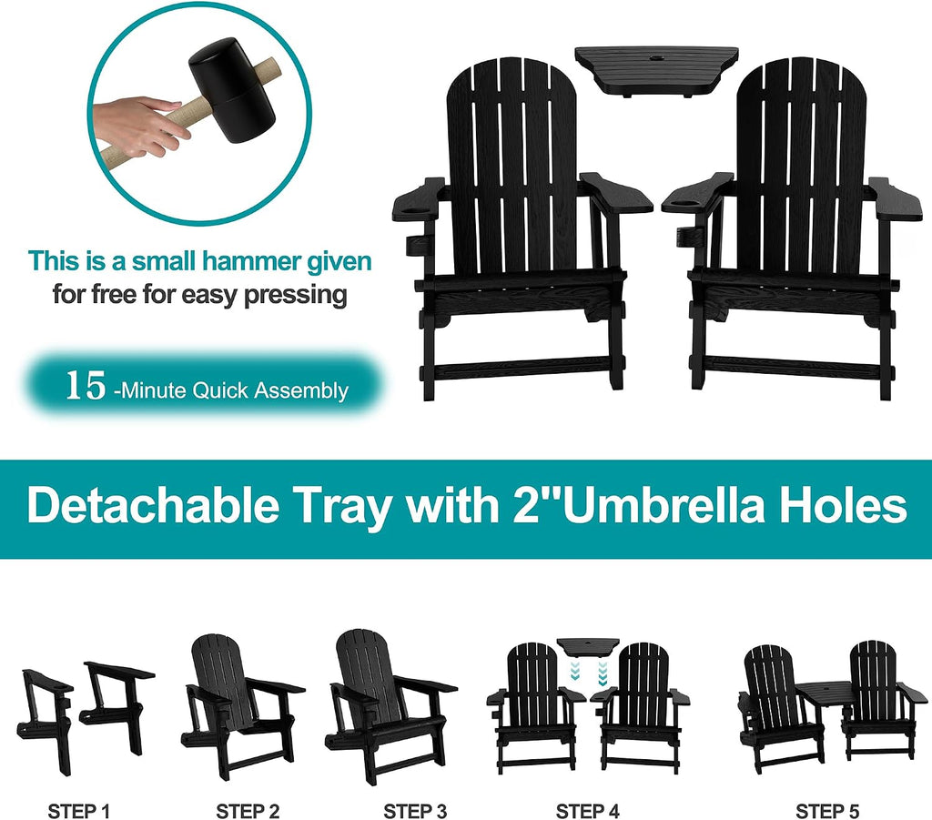JY QAQA Outdoor Adirondack Chair Set of 2, All-Weather HDPE Patio Furniture with Detachable Table, Wood Texture & Cup