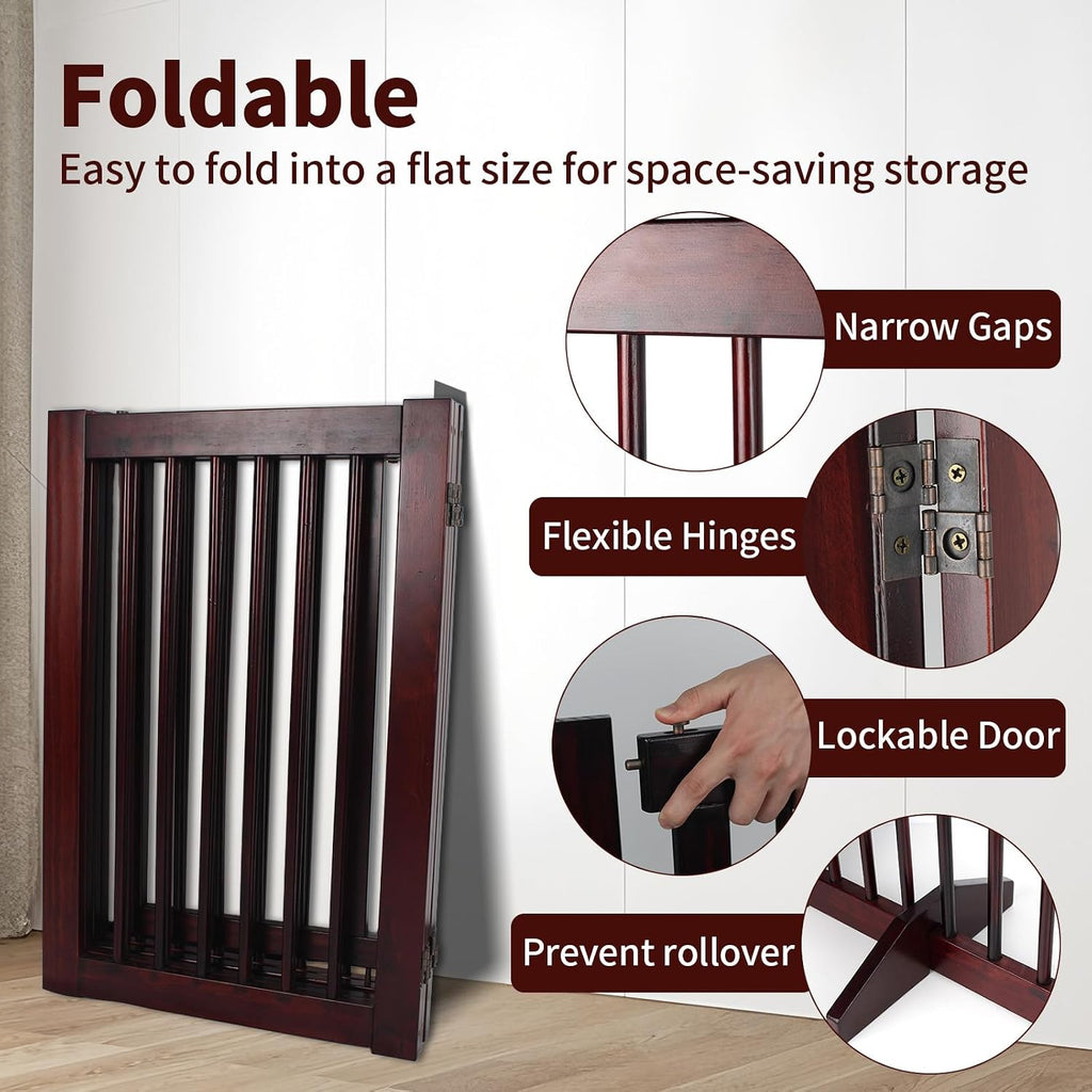 Wooden Freestanding Pet Gate, Pet Gate for Dogs, 29.5inch 4-Panel Wooden Dog Fence with 2 Support, Feet Folding Dog