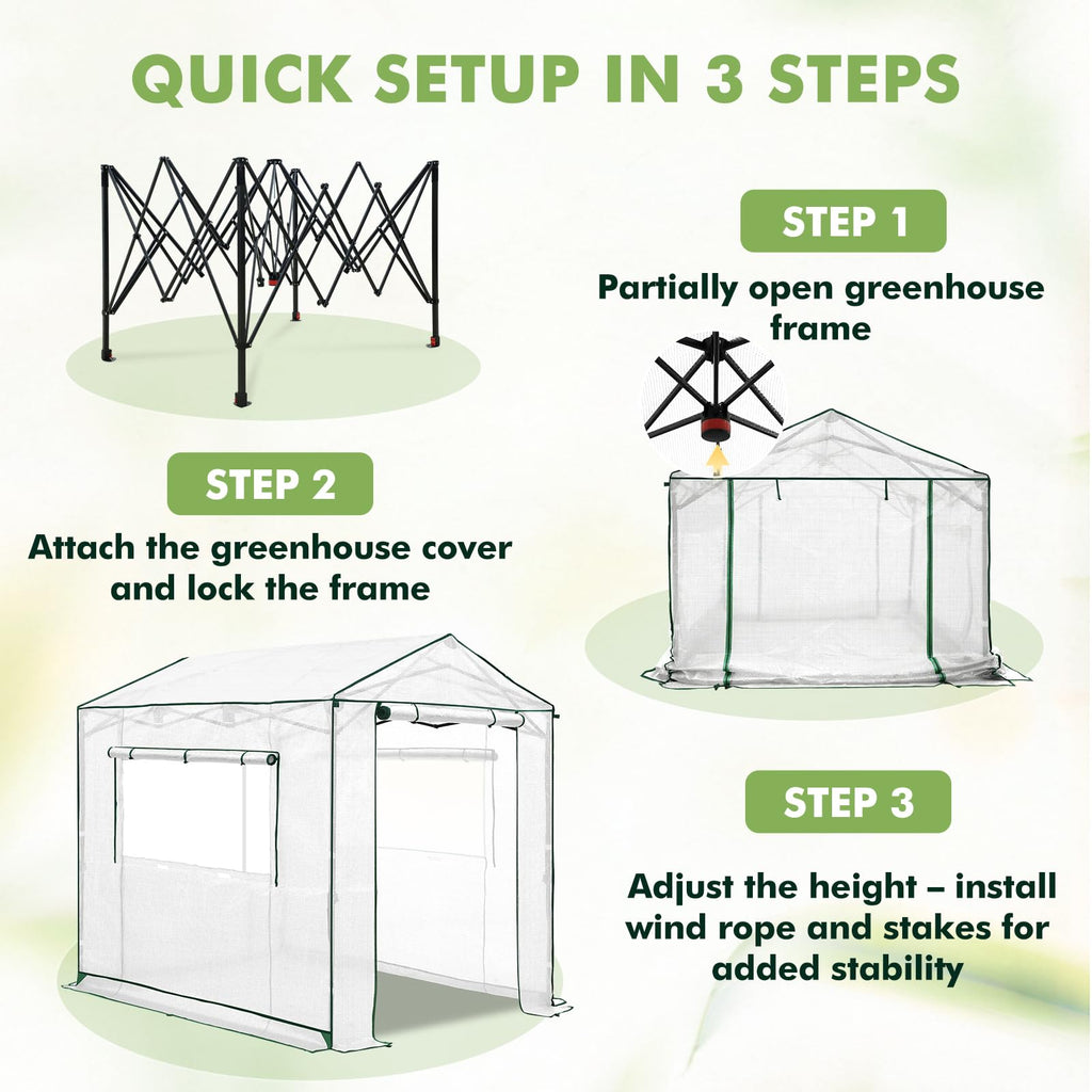 8x6 Pop Up Walk in Greenhouse, Easy Setup, Gable Roof, White