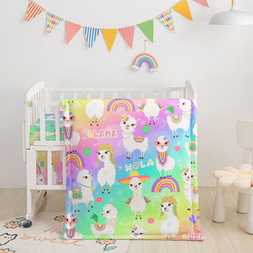 Rainbow Alpaca Printed Nursery Crib Bedding Set, 3pcs with Comforter, Crib Sheet & Crib Skirt for Baby Boys and Girls