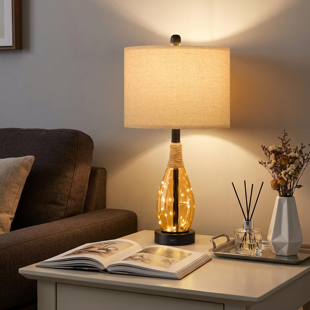 23" Table Lamps Set of 2 Bedside Lamps for Night Stands Bedroom Lamps Farmhouse Rattan Boho Lamp Glass Nightlight End