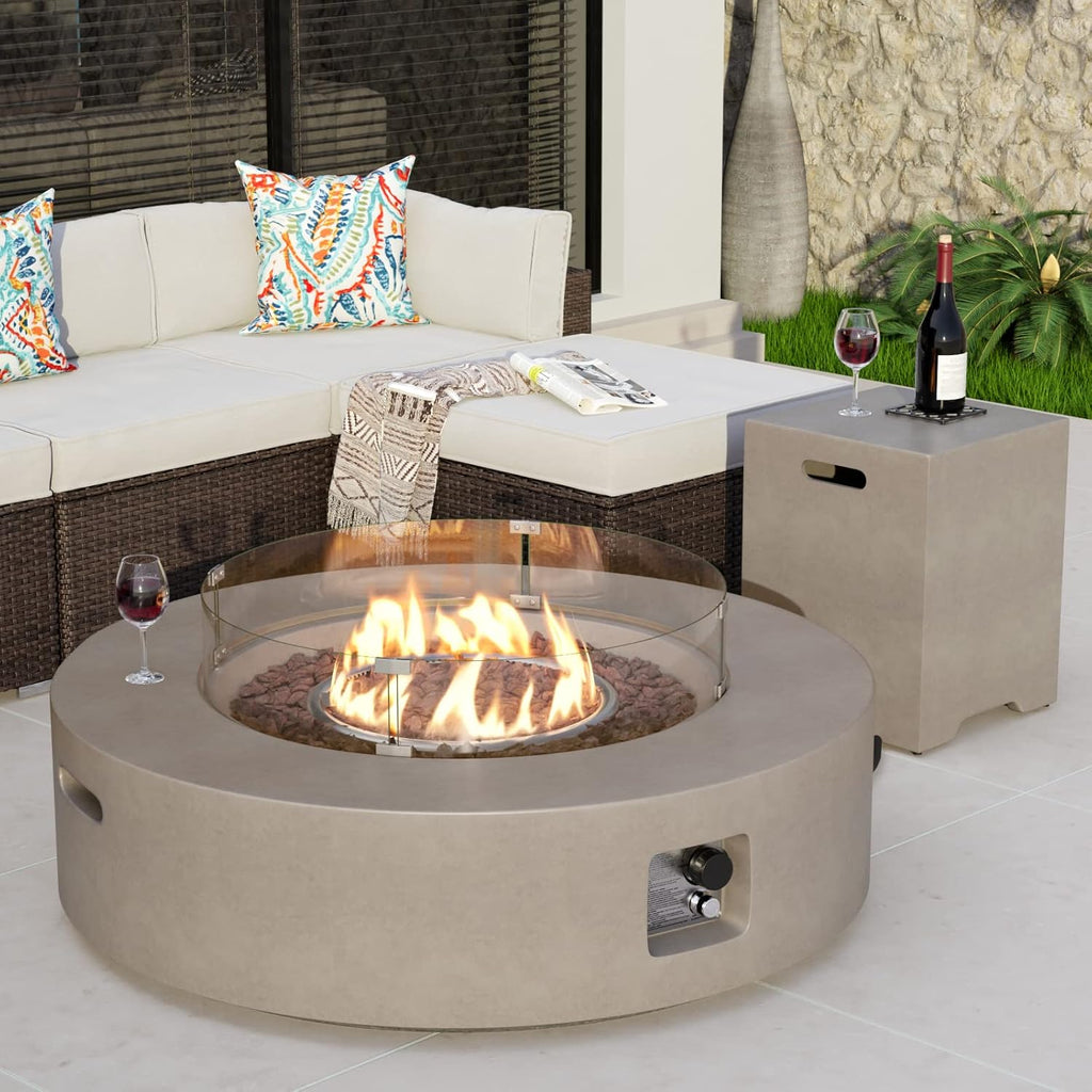 2-Piece Outdoor Propane Firepit Table Set w Tank Table, 42" Fire Table Certified, 50,000 BTU w Gray Round Base,Wind Guard and 16 inches Tank Side