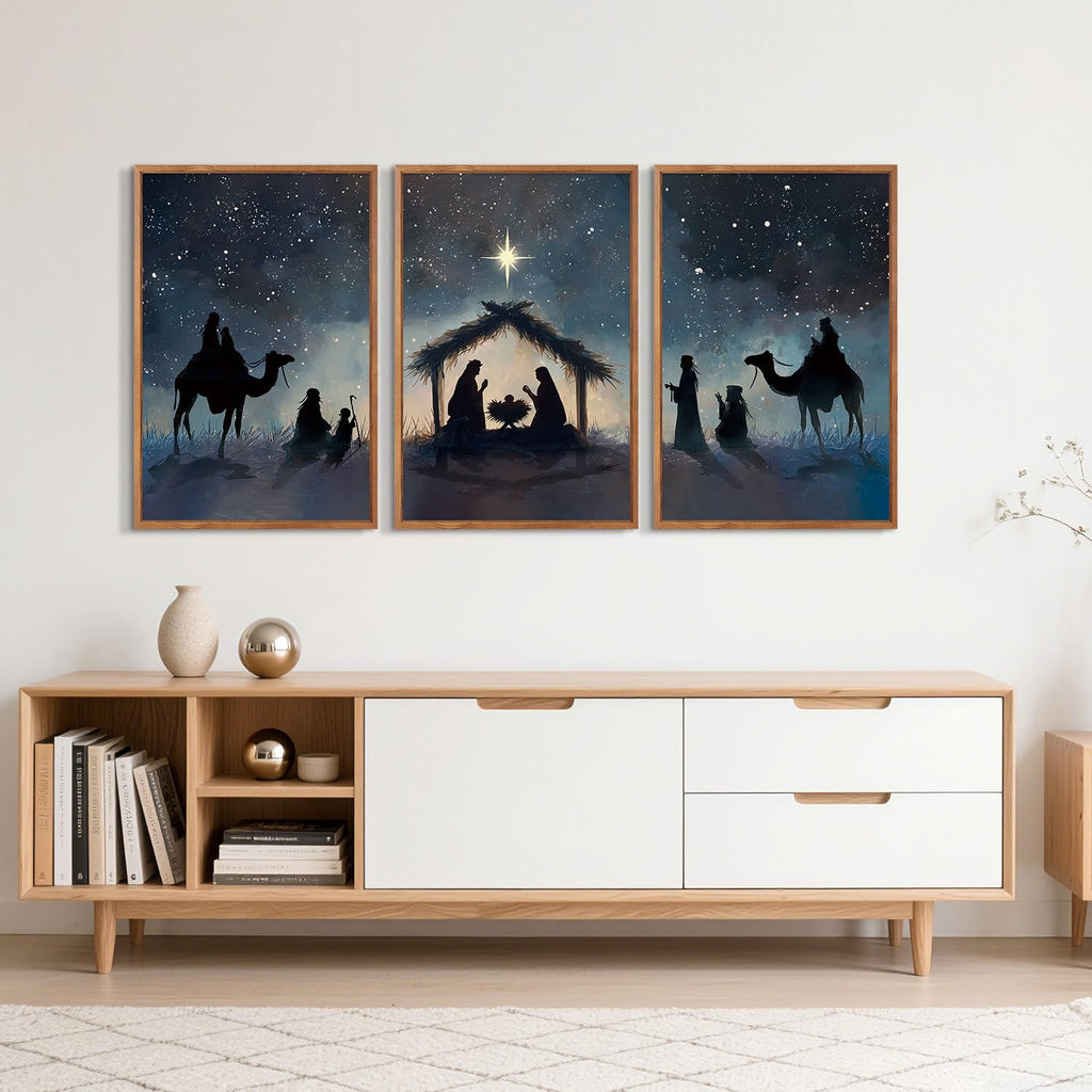 Framed Nativity Scene Decor, Starry Night Christmas Religious Prints