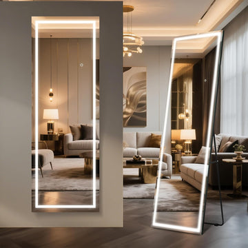 64" x 21" Full Length LED Floor Mirror - Big Wall/Standing Mirror with Lights, Dimmable Touch Screen & Adjustable