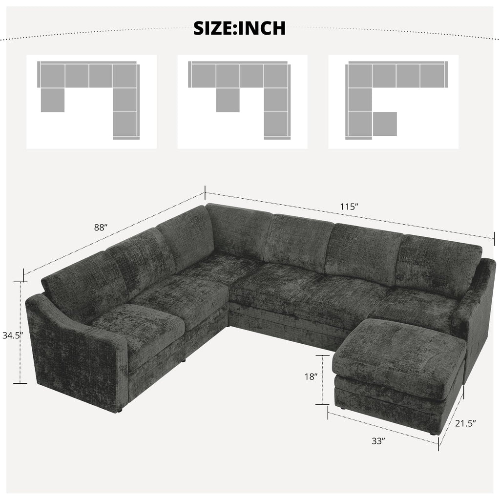 115 Inches Chenille Sectional Sofa with Storage Ottoman, Grey
