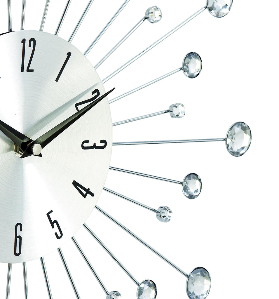 Metal Starburst Decorative Wall Clock With Crystal Accents and Room, 15" x 2" x 15", Silver