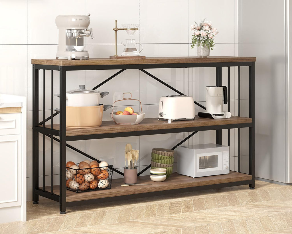 3 Tier Bookshelf, Industrial Wide Horizontal Bookcase Rustic Oak 47 in