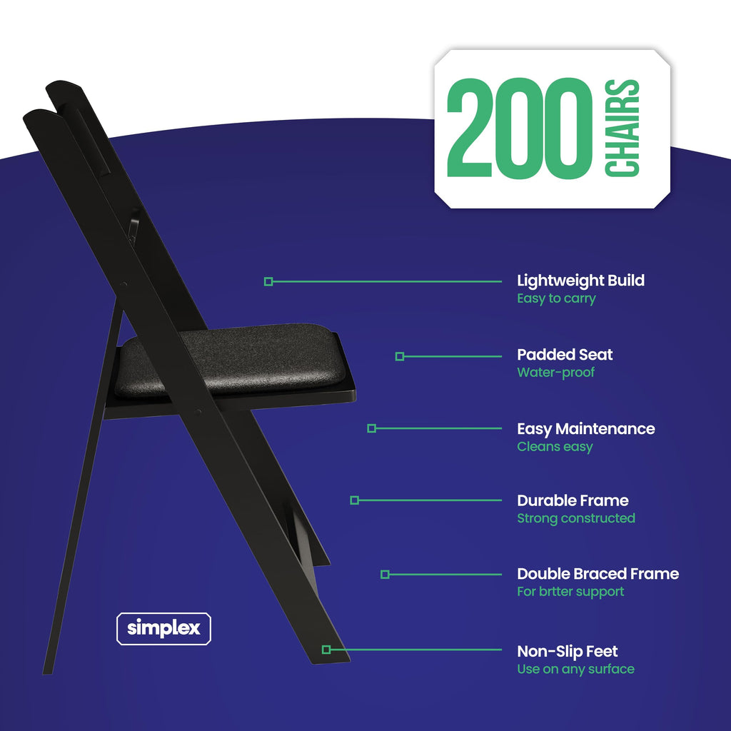 Resin Folding Chairs, Padded Seat, 800 lb, Black, 200 Pack