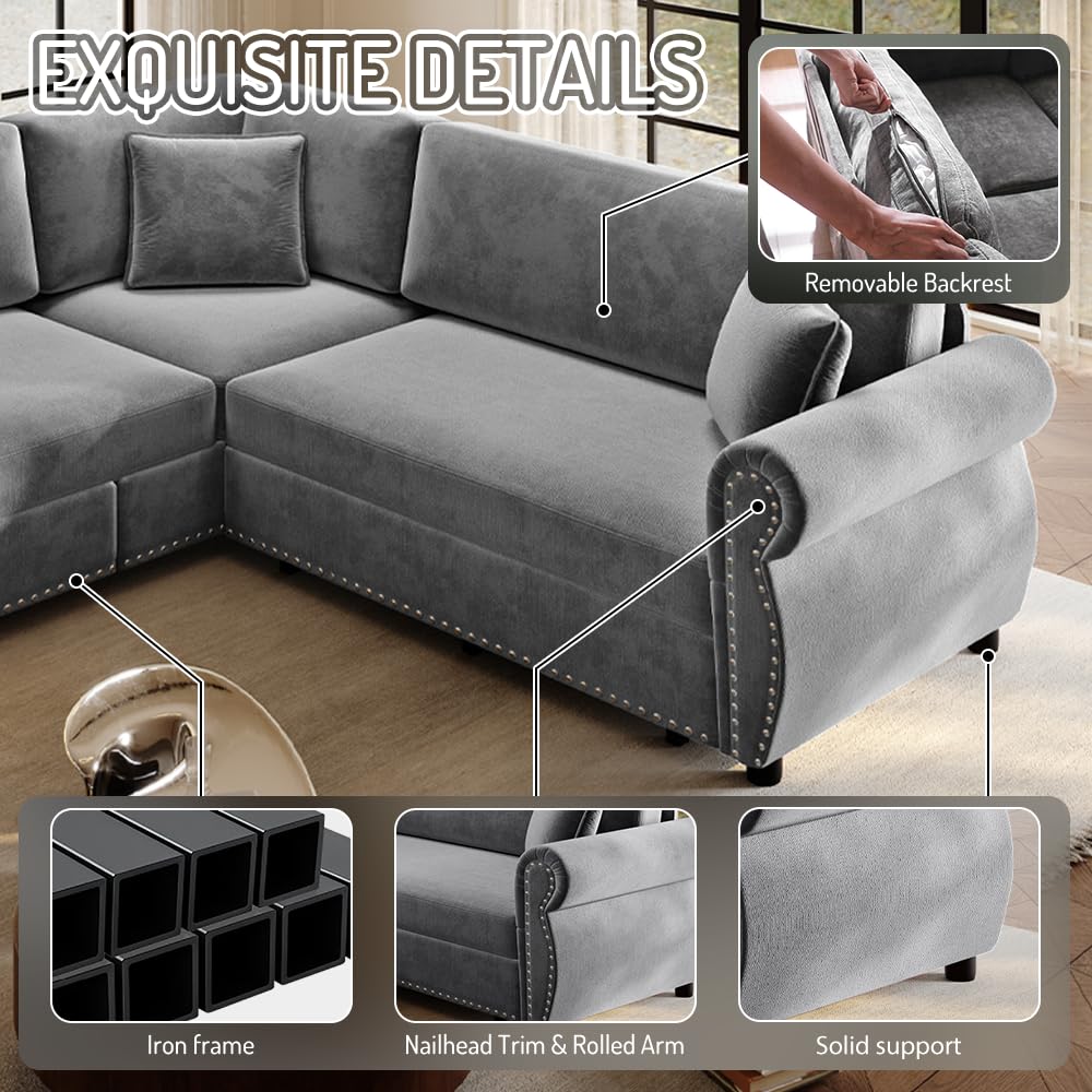 88.2" Chenille Sleeper Sofa Bed, Sectional Couches /Apartment, L Shaped Couch with Pull Out Couch Bed, Convertible